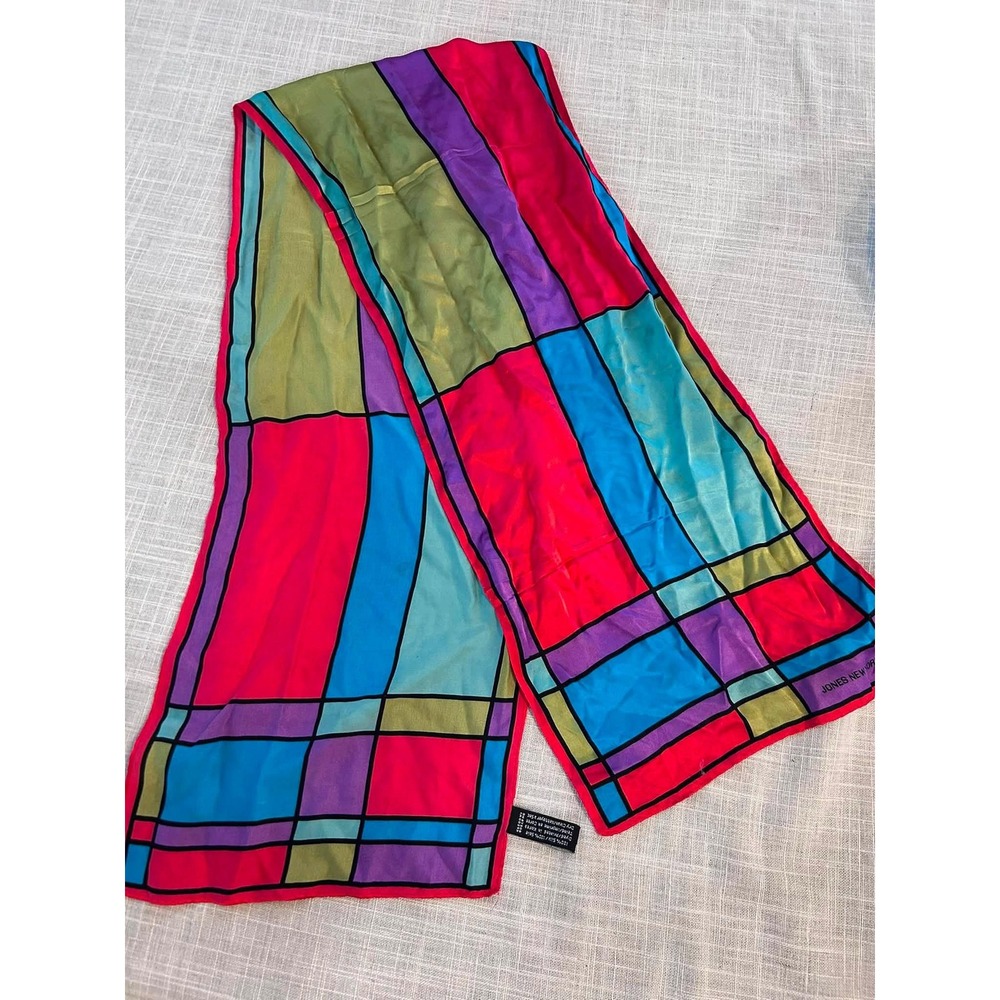 Jones New York Scarf Womens OS Multi Color Block Geometric 100% Silk Oblong